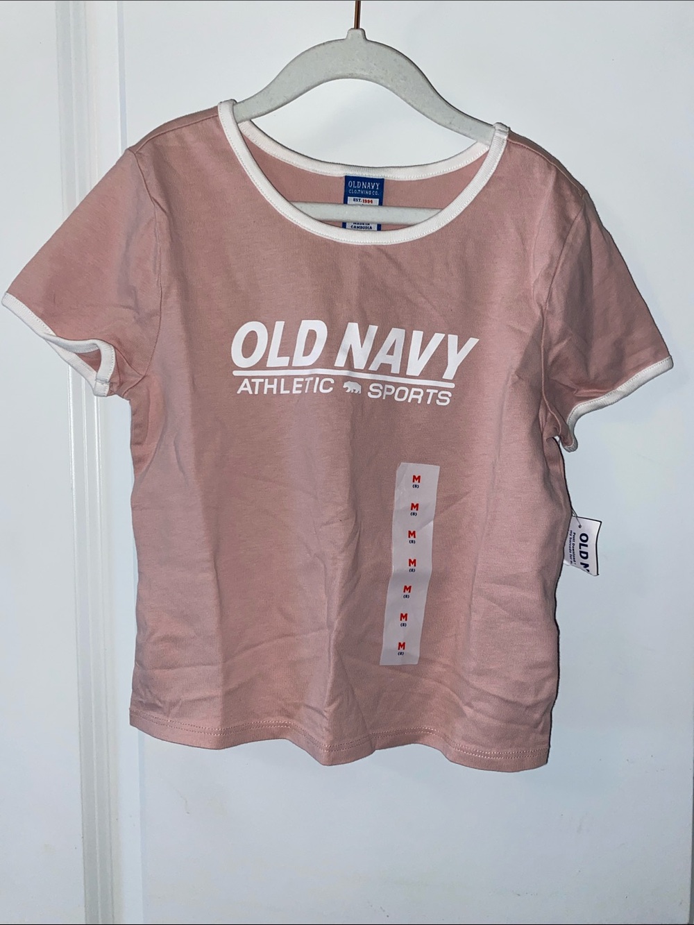 NWT Old Navy Girls Logo Ringer Tee Size Medium 8 Pink Graphic T-Shirt Athletic